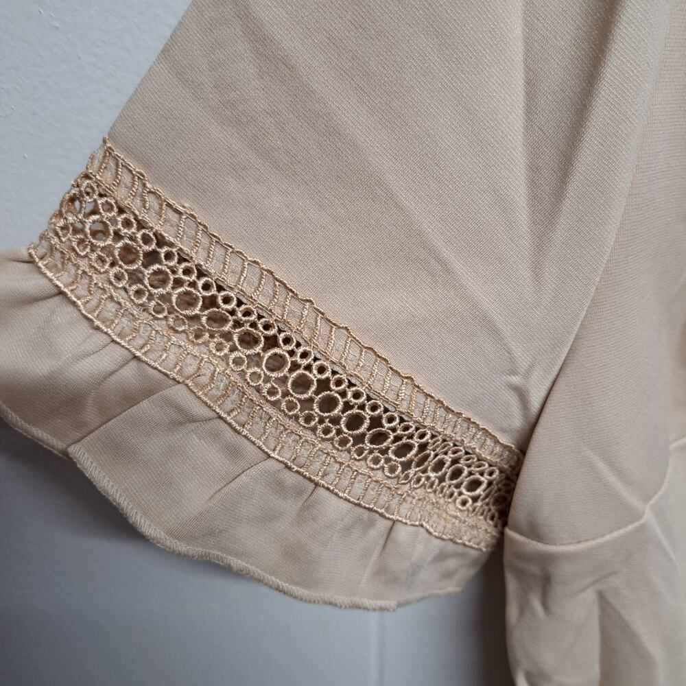 Women Dress Lace V Neck Ruffle Sleeve Casual Short Mini Dress Ligth Khaki Size L - Picture 4 of 11